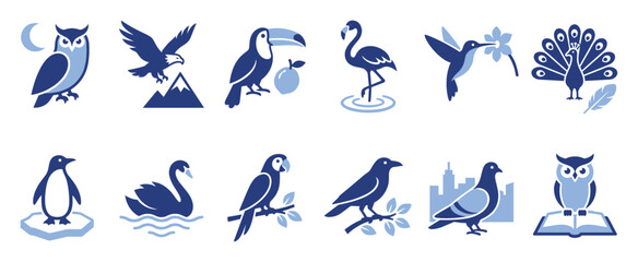 Fototapeta premium Blue bird icons depicting various avian species and habitats for nature themes