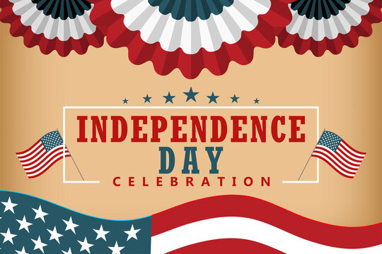 USA Independence Day banner. Vintage background with American flags, patriotic bunting rosettes, and stars. Perfect template for July 4th celebration, social media, and web design.