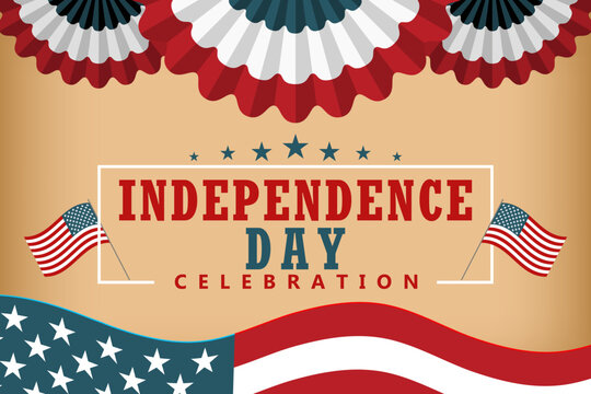 USA Independence Day vector banner. Vintage background with American flags, patriotic bunting rosettes, and stars. Perfect template for July 4th celebration, social media, and web design.