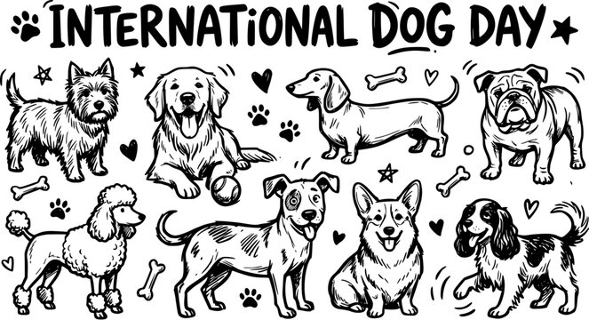 International Dog Day Vector Black  White Line Art Illustration with Hand-Drawn Dog Breeds, Paws, and Bones for Pet Celebrations and Animal Lover Designs