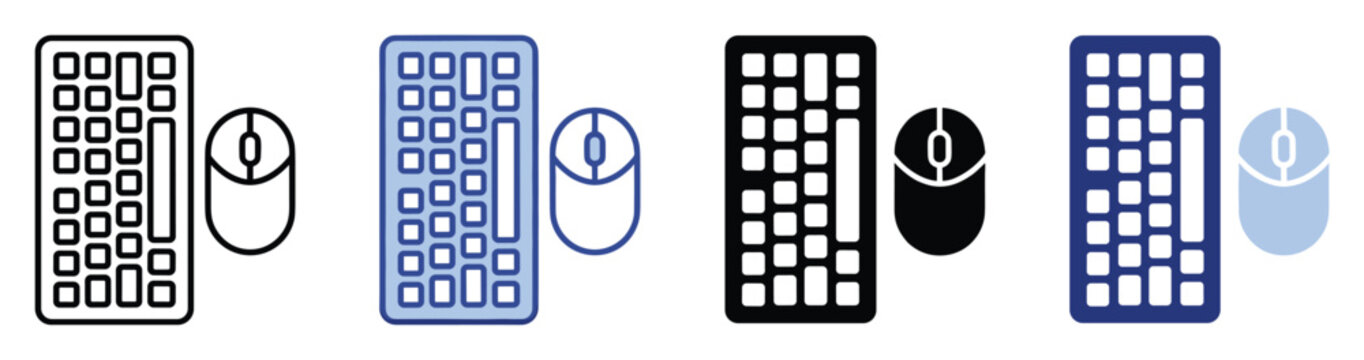 Set of keyboard and mouse computer accessories icons in various styles for digital interface