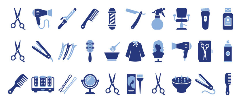 Set of hairdressing salon and barber shop equipment for professional hair styling services