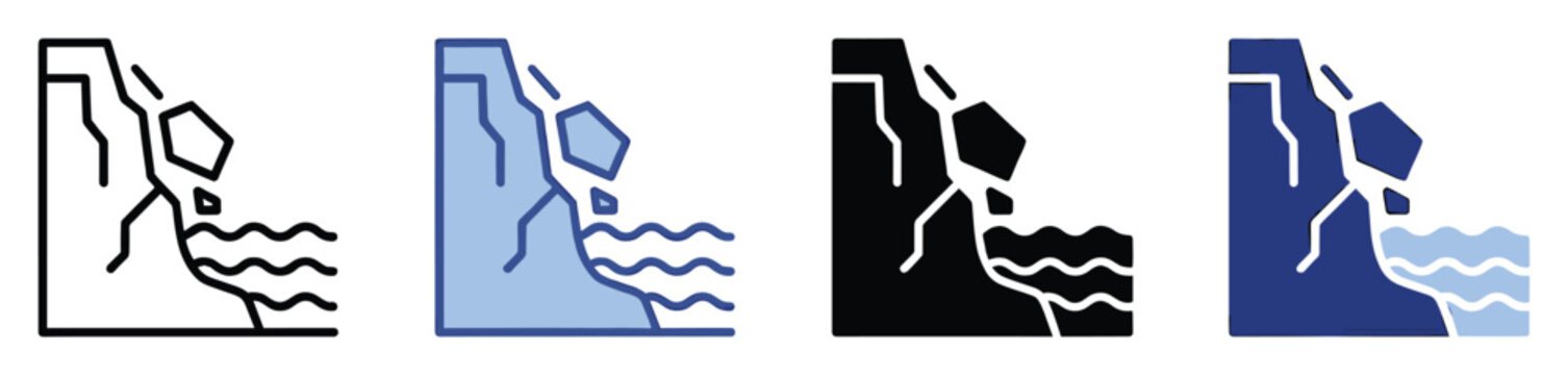 Set of landslide icons showing rockfall into water hazard for natural disaster warnings and safety