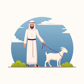 Man in traditional clothing walking a goat