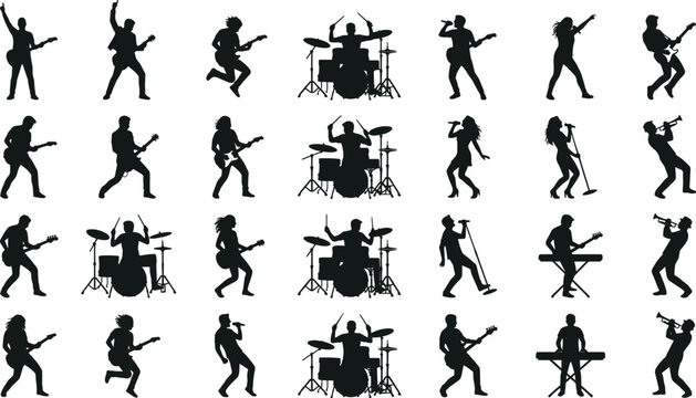 Rock band musician silhouette set with guitar drummer singer and performance poses for music concert and entertainment design