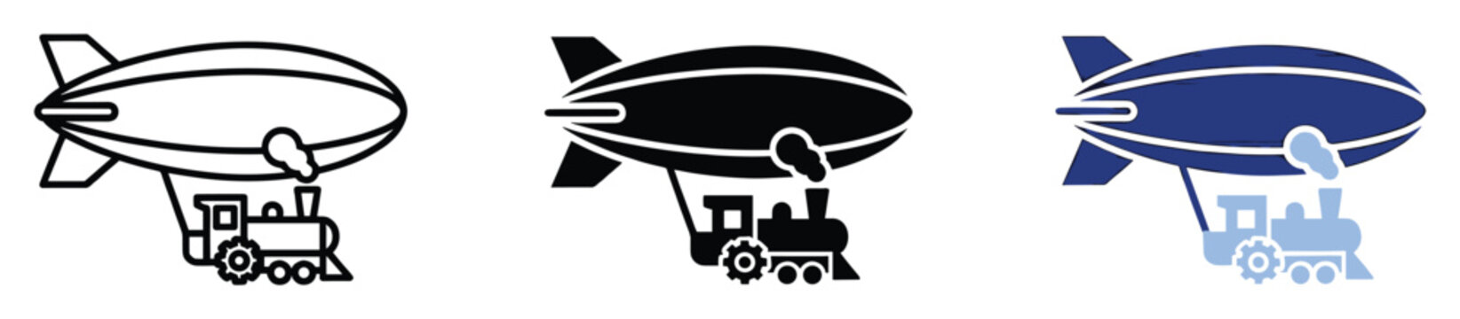 Set of fantasy airship and train icons for adventure game graphics or unique travel symbols