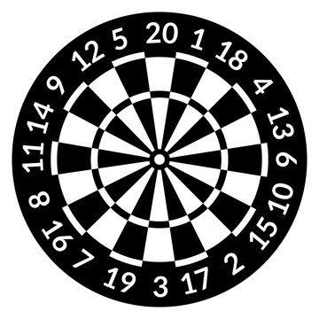 Black and white dartboard vector illustration, classic dart board target wheel isolated