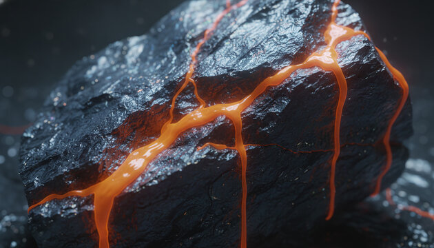 Raw jagged cobalt ore stone leaking toxic neon orange acidic liquid