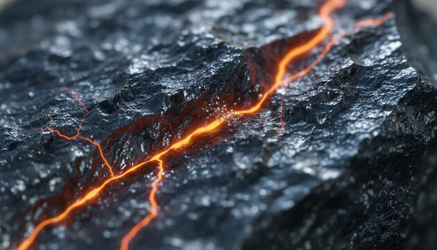 Raw jagged cobalt ore stone leaking toxic neon orange acidic liquid