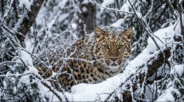 Amur leopard resting on snowy branch in winter forest