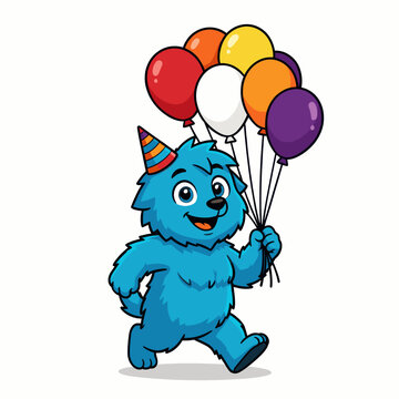 Blue Cartoon Bear Holding Colorful Balloons for Celebration