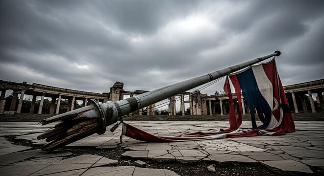 A fallen flagpole and torn flag amidst the ruins of an old building under a cloudy sky
