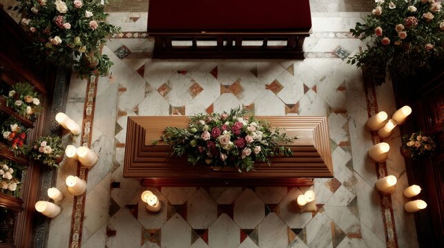 top view of the coffin with flowers and candles on it in the church