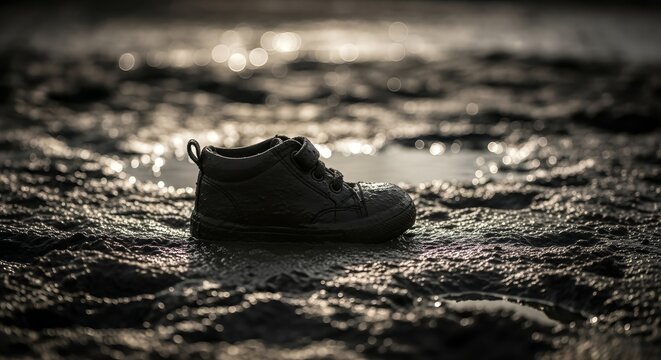 A lone black child's sneaker resting in muddy puddles, its texture highlighted by dappled sunlight.