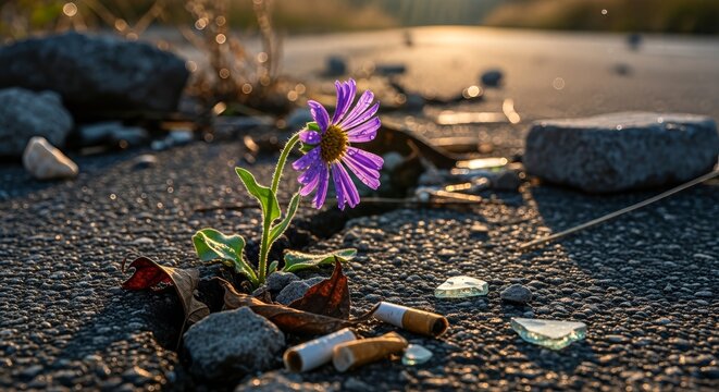 A lone purple flower pushing through cracked asphalt, symbolizing resilience and hope amidst urban decay.