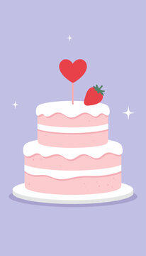 Pink Two-Tier Cake Decorated with Heart Topper and Strawberry