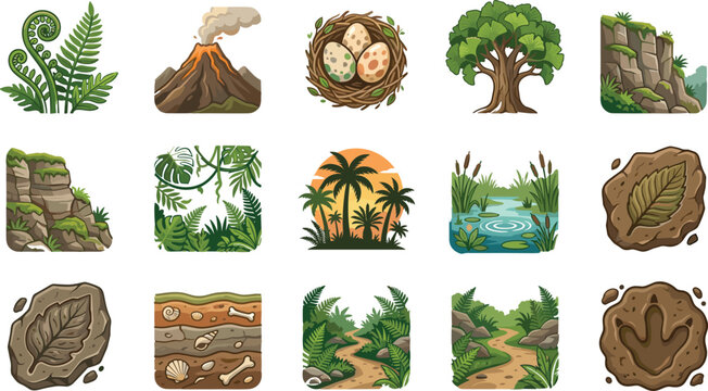 Prehistoric nature and paleontology vector icon set with volcano dinosaur eggs fossils geological layers jungle plants and ancient habitats