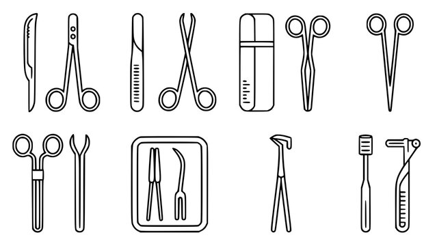 Surgical instruments collection scalpels forceps scissors and medical tools line art