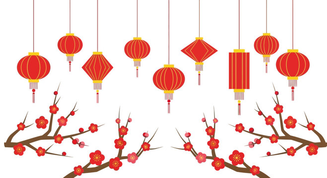 Chinese New Year Decorations: Red Lanterns and Plum Blossoms