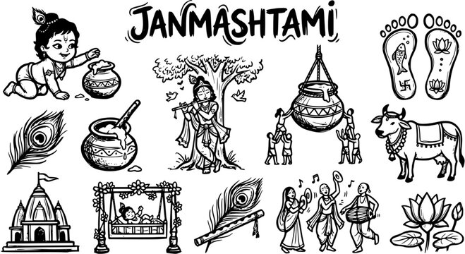 Janmashtami Hindu Festival Black and White Line Art Icons. Hand-drawn Doodle Elements of Lord Krishna's Birth Celebration, Indian Culture  Mythology.