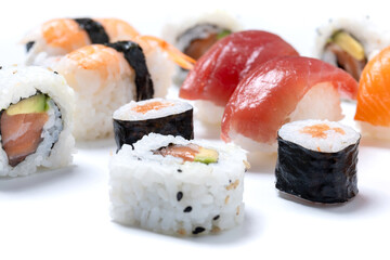 Assorted Sushi Selection isolated on white background © chandlervid85