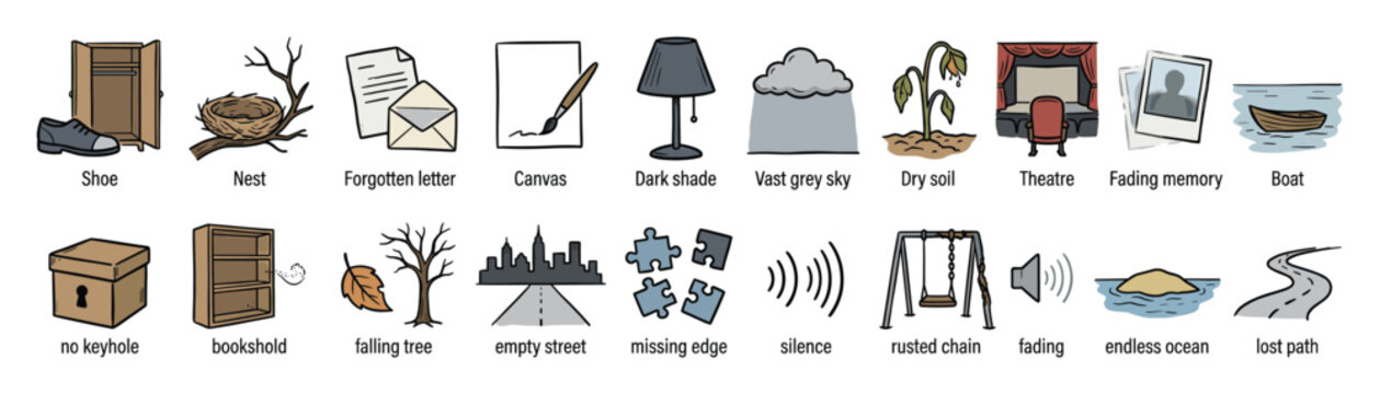 Set of conceptual icons symbolizing loss, decay, and absence for various design projects
