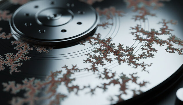 Data degradation bit rot on mirror polished hard drive platter macro
