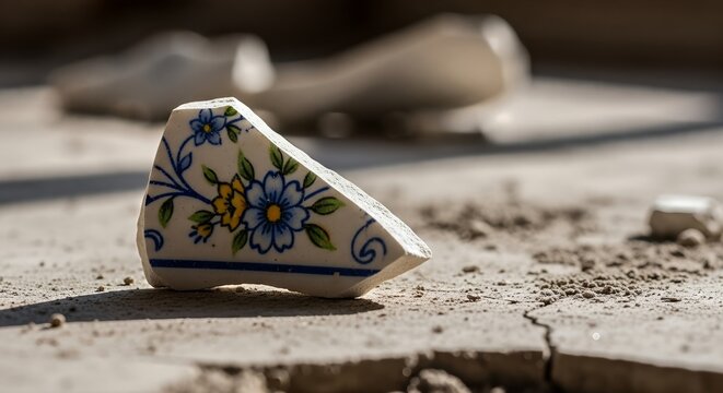 A single shard of floral patterned ceramic tile lies broken on a rough, cracked ground surface bathed in sunlight.