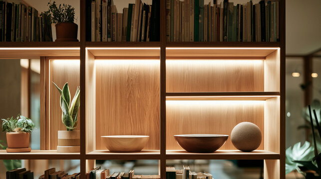 Wooden bookshelf with ambient lighting and indoor plants for remote work video call zoom backdrop background