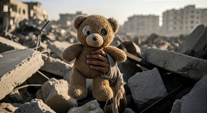 A torn teddy bear held in a hand amidst urban destruction and rubble, symbolizing lost innocence and hope.