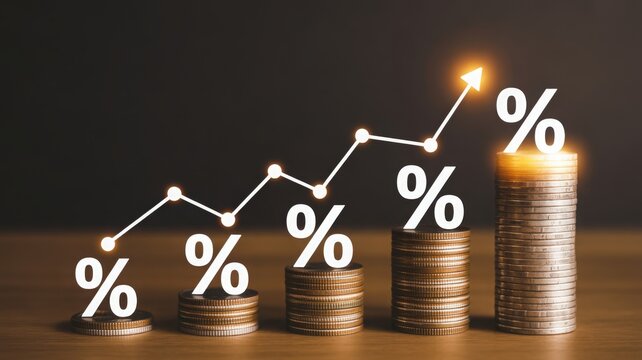 Financial growth graph with stacked coins percentage symbol