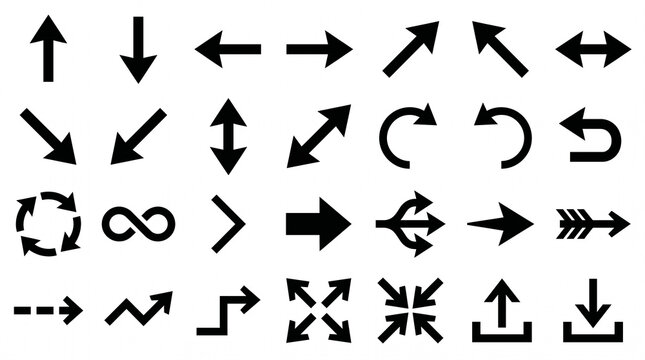  Directional Arrow and Pointer Icon Library &ndash; 28 Black Silhouette Arrows, Curves, Double-Heads, and Loops for Navigation and Wayfinding