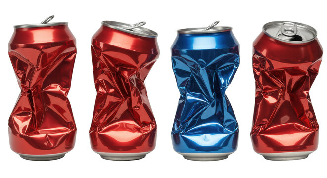 Four severely crumpled metallic red and blue aluminum beverage cans, dented, torn with silver pop tops, isolated on transparent background, concept of industrial waste and recycling
