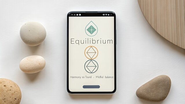 Minimalist mobile phone displaying equilibrium app with geometric symbols for harmony and mindful balance