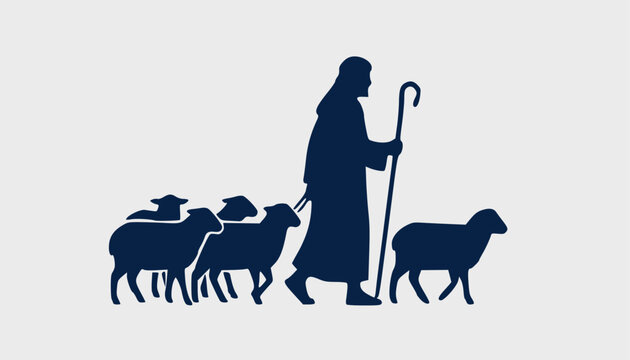 Silhouette of a shepherd walking with his staff leading a flock of sheep vector illustration