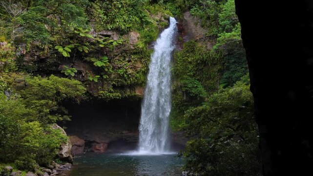 Scenic view Tavoro Waterfall in Bouma National Heritage Park on tropical island of Taveuni, Fiji, South Pacific