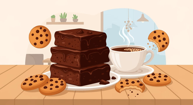 A stack of rich chocolate brownies sits next to a steaming cup of coffee and several chocolate chip cookies on a wooden table.