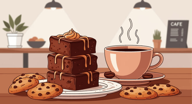 A stack of rich chocolate brownies sits next to a steaming cup of coffee and several chocolate chip cookies on a wooden table.