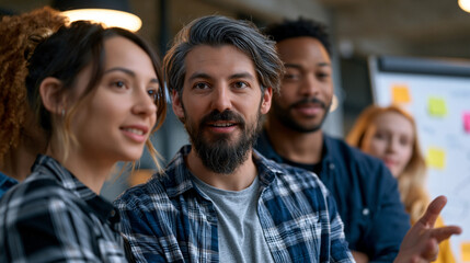 Fototapeta premium A diverse startup team crowds around a standing whiteboard in a converted warehouse, sticky notes layered over diagrams, sleeves rolled up, one member mid-gesture as debate peaks, perfect for startu