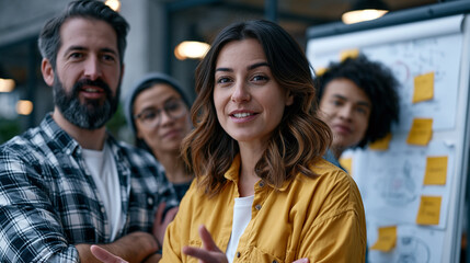 Fototapeta premium A diverse startup team crowds around a standing whiteboard in a converted warehouse, sticky notes layered over diagrams, sleeves rolled up, one member mid-gesture as debate peaks, perfect for startu