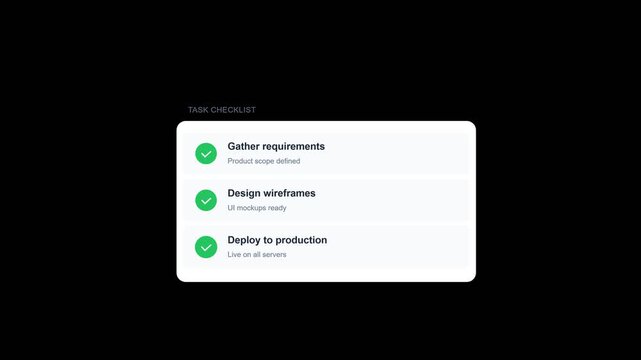 Project Progress Checklist with Green Checkmarks on Dark Background