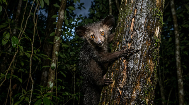Aye aye climbing tree trunk at night in Madagascar forest