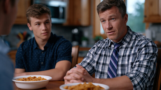 A father coaches his teenage son through a mock job interview at the kitchen table on a quiet summer morning, role-playing with full seriousness, cereal bowls pushed aside, ideal for fathers day, ex