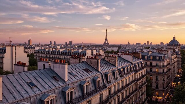 Panoramic vista of Parisian rooftops unfolds under a soft, diffused sky at dawn, with the iconic Eiffel Tower a distant silhouette against the gentle hues of sunrise painting the atmospheric