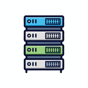 Illustration of a stacked network server rack unit with colorful server nodes.