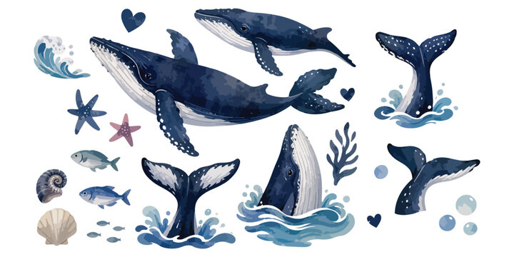 Watercolor Humpback Whale Clipart: Deep Sea Cetacean Marine Wildlife Set