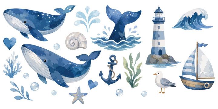 Watercolor Blue Whale Clipart: Ocean Lighthouse and Sailboat Nautical Set