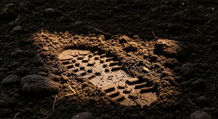 Fototapeta premium Detailed Shoe Footprint Pressed Into Rich Soil Surface With Dramatic Lighting