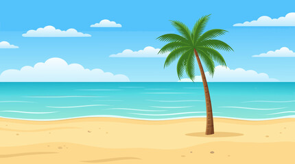Fototapeta premium Minimalist sandy beach with single tall palm tree under blue sky with clouds. Tropical paradise island resort, nature vector.