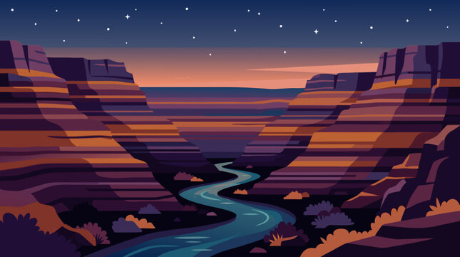 Grand canyon river flowing between layered red rock cliffs at twilight. Deep canyon canyonlands, wild Arizona nature vector.